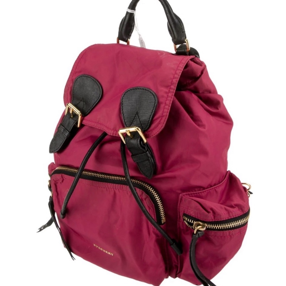 Burberry Raspberry Backpack with Black and Gold Accents with a Burberry Dust Bag